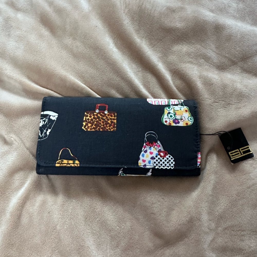 Stylish Black Wallet with Colorful Bag Print